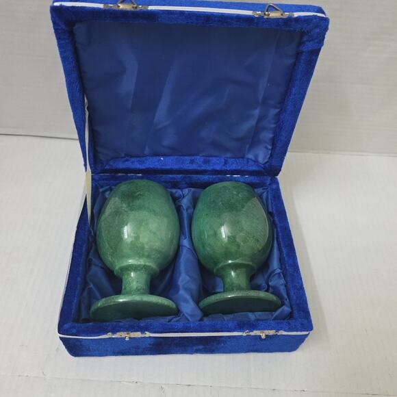 Set Of 2 Vintage Green Onyx Stone Goblet Chalice 5" Marble Cup - Picture 2 of 13